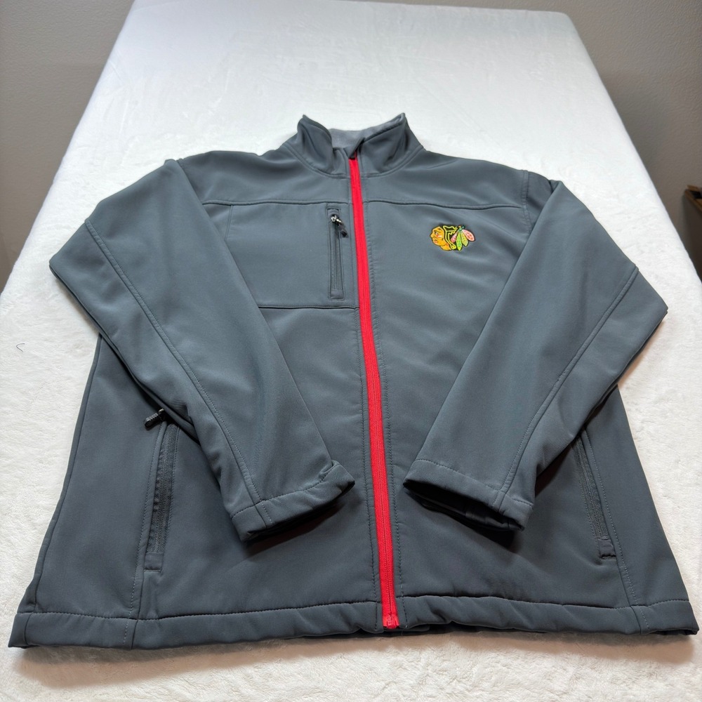 NHL Chicago‎ Blackhawks Jacket Mens XL Grey Red Full Zip Softshell Fleece Lined